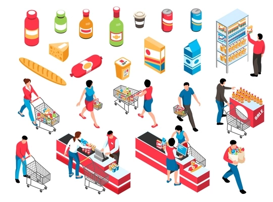 Isometric supermarket set with isolated icons of products and characters of shopping people with store baskets vector illustration