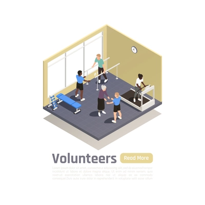 Charity donation volunteering isometric background with indoor scenery and people doing physical exercises with volunteers assistance vector illustration