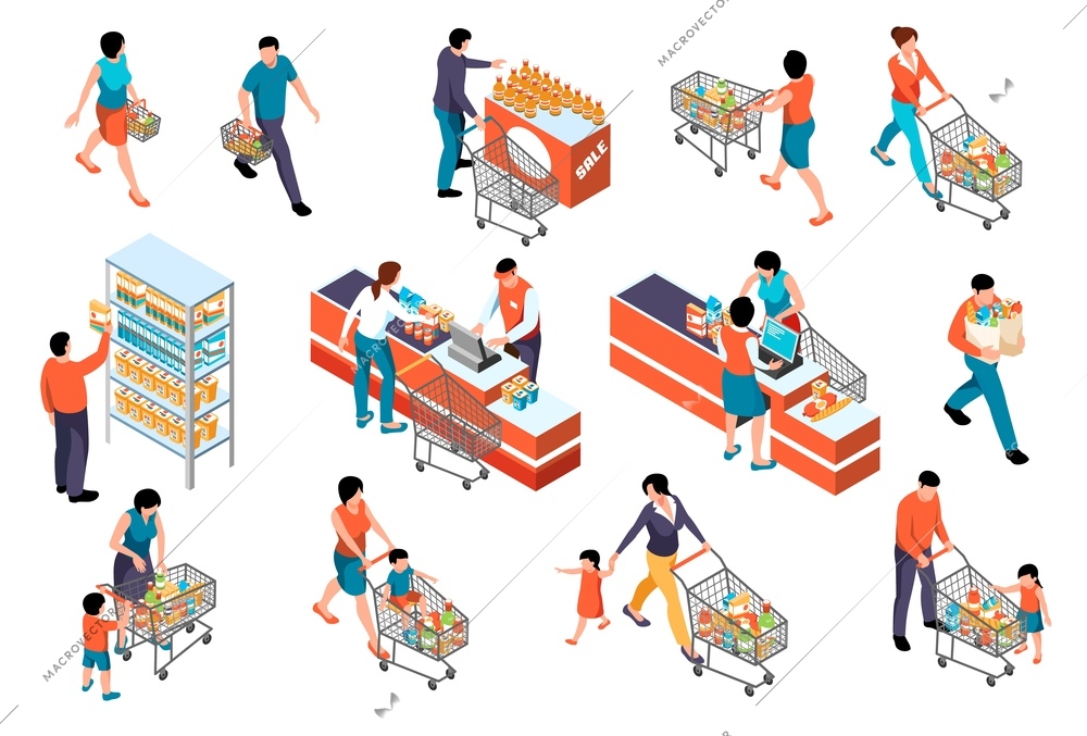 Isometric supermarket color set with human characters of market visitors collecting goods with baskets and cashiers vector illustration