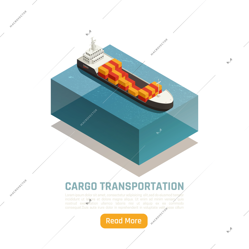 Cargo transportation logistic delivery isometric background with image of ship loaded with freight containers and text vector illustration