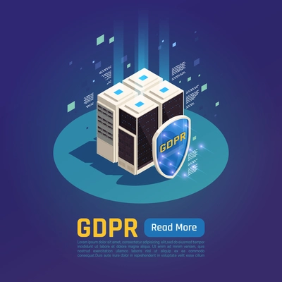 Privacy data protection gdpr isometric background with images of data servers with shield button and text vector illustration