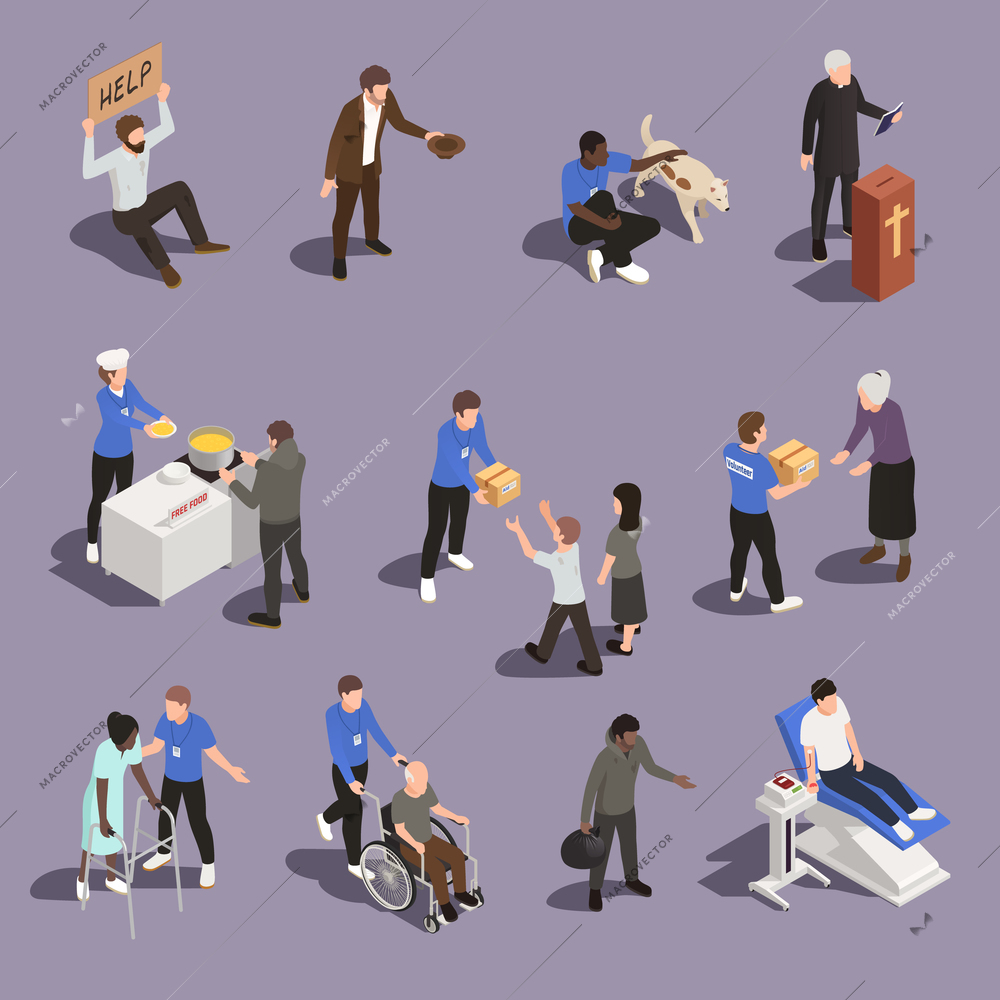 Charity donation volunteering isometric set of isolated human characters with sick and homeless people with volunteers vector illustration