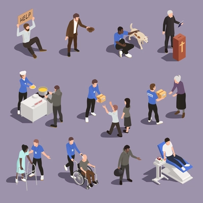 Charity donation volunteering isometric set of isolated human characters with sick and homeless people with volunteers vector illustration