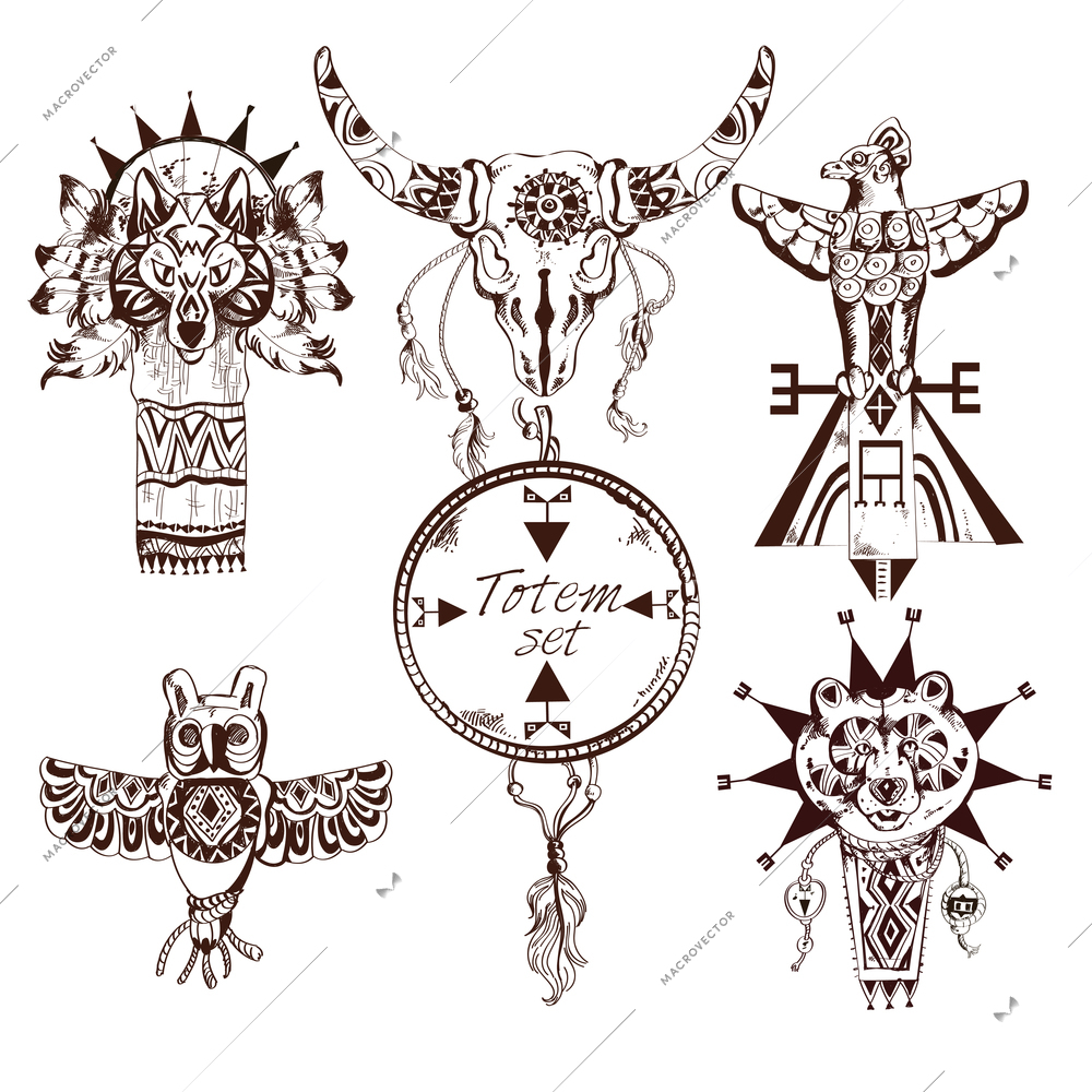 Ethnic american tribes animal totems hand drawn decorative elements set isolated vector illustration