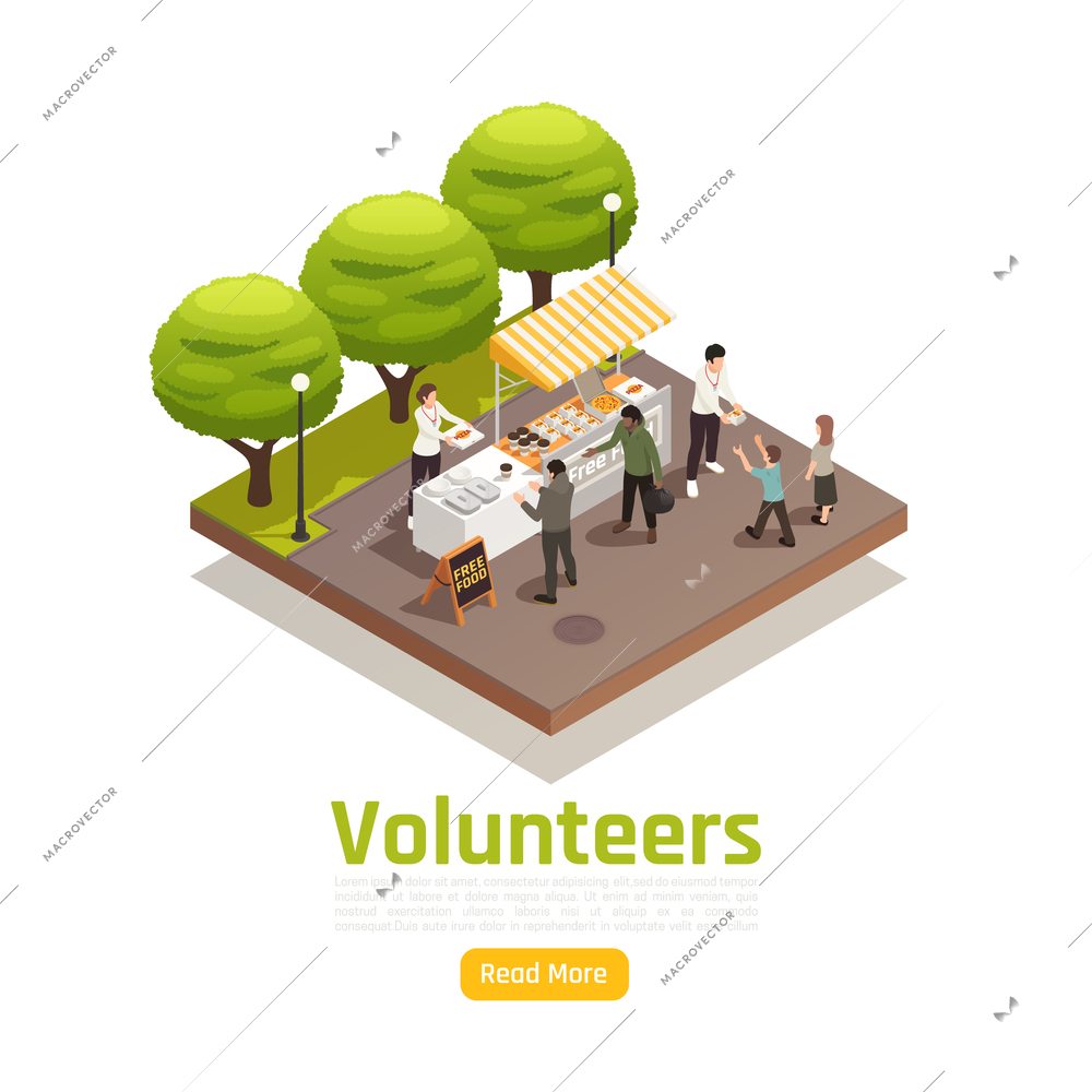 Charity donation volunteering isometric background with read more button editable text and outdoor food sharing composition vector illustration