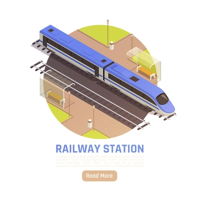 Train railway station isometric background with round composition train stop editable text and read more button vector illustration