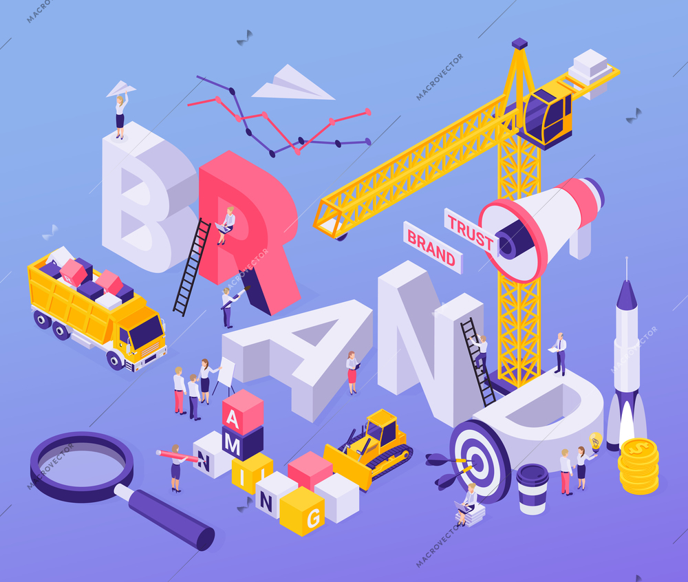 Brand building blocks concept symbols background isometric composition with  megaphone rocket launch target crane magnifier vector illustration