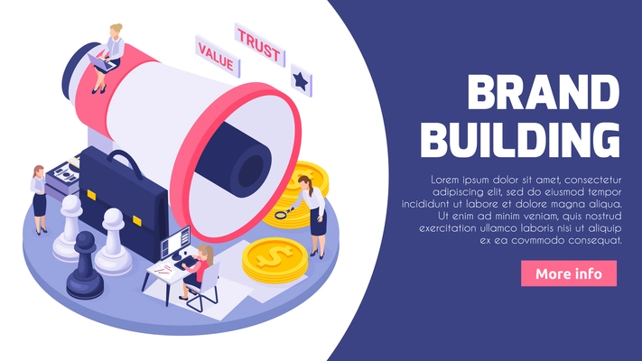 Online brand creating building promotion company isometric landing page banner with megaphone chess coins symbols vector illustration