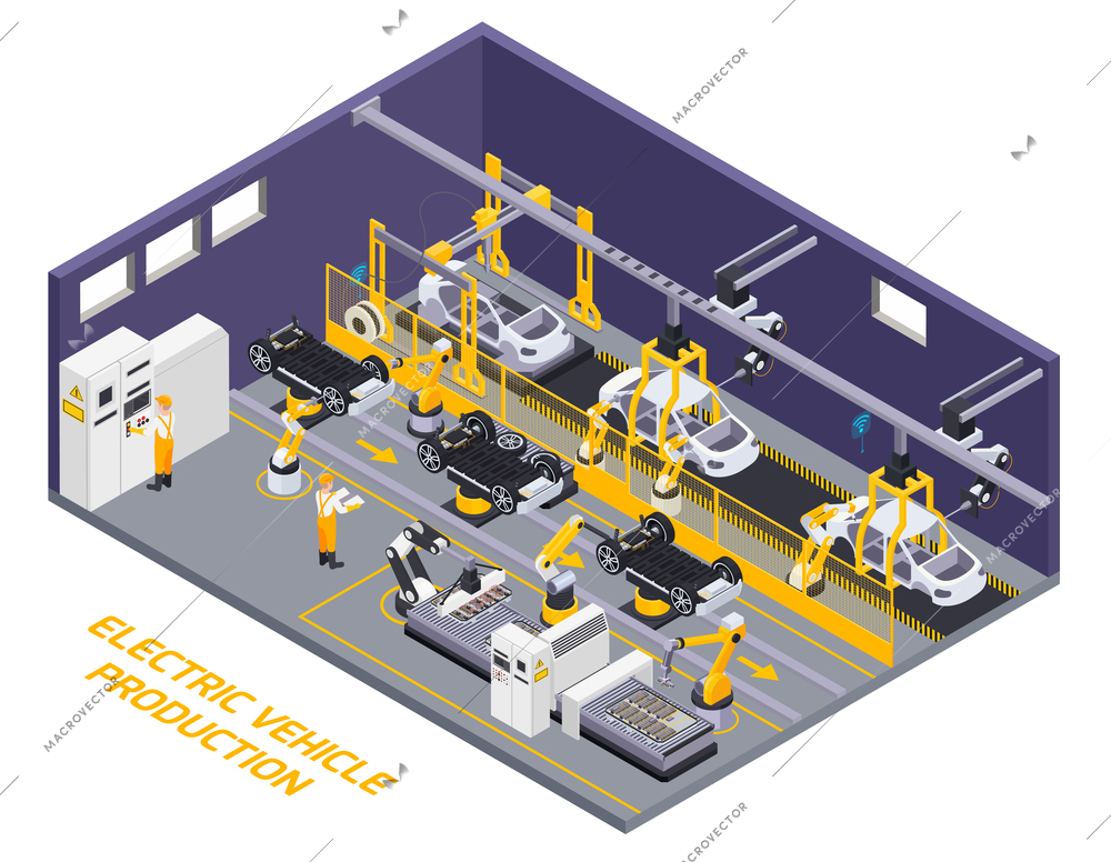 Electric vehicles production facility interior robotic assembly line remote controlled conveyor belt element isometric view vector illustration