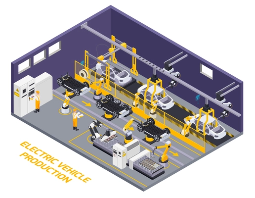 Electric vehicles production facility interior robotic assembly line remote controlled conveyor belt element isometric view vector illustration