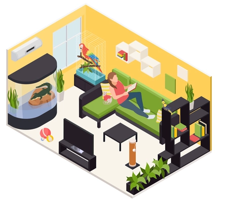 Living room with exotic pet animals parrot in cage crocodile in terrarium interior isometric view vector illustration