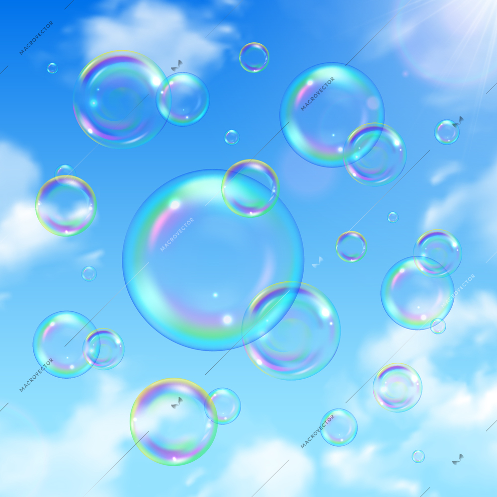 Soap bubbles and sky realistic background with sun shining vector illustration