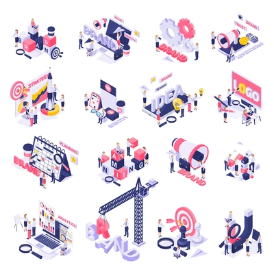 Branding concept strategies symbols isometric icons set with target logo creating megaphone collaboration cogwheels magnifier vector illustration