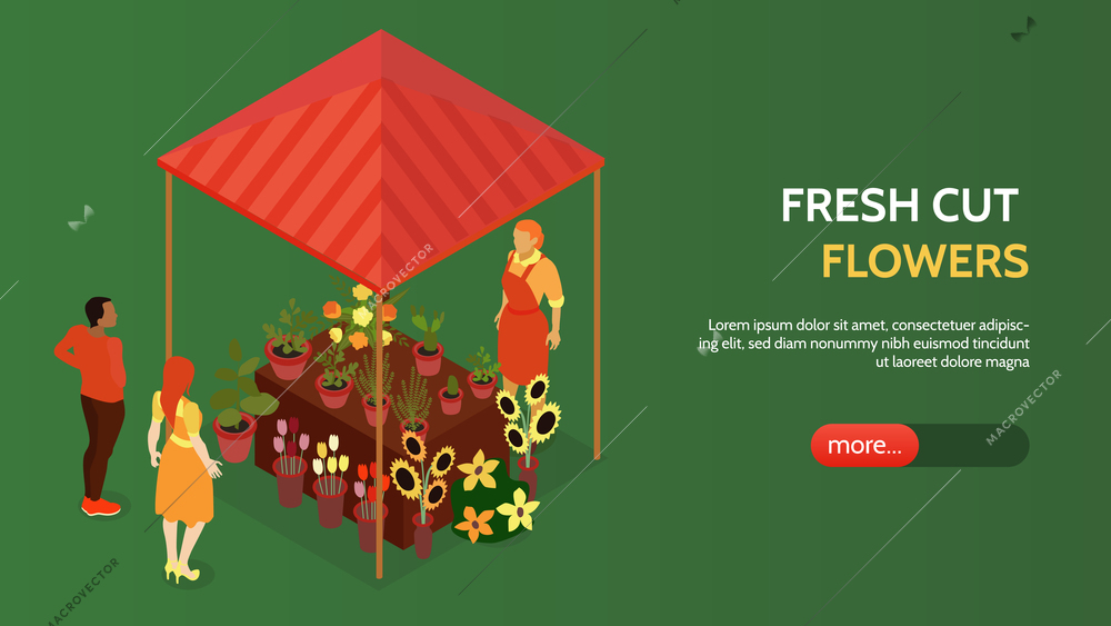 Isometric banner with farm market vendor selling fresh cut flowers 3d vector illustration