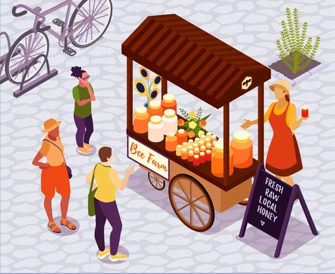 Isometric background with honey shop at local outdoor farm market 3d vector illustration