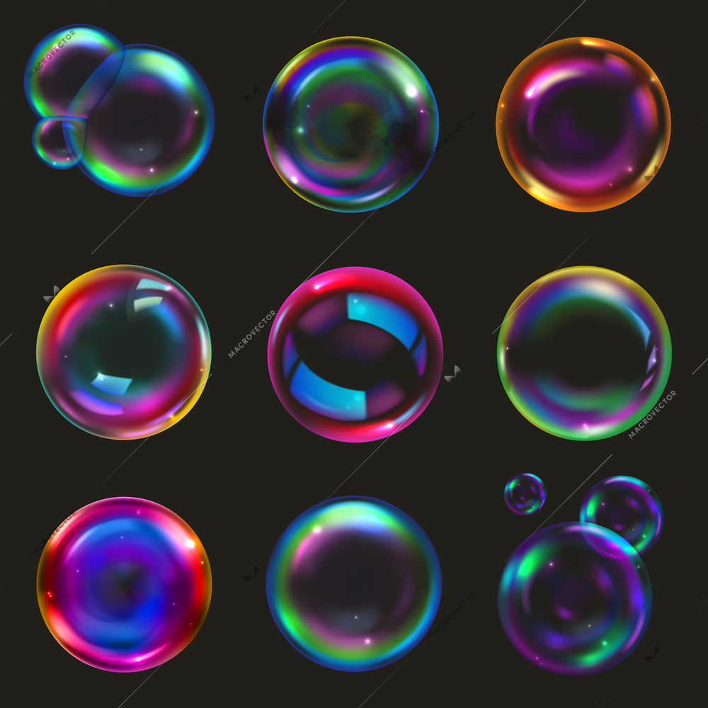 Soap bubbles realistic set on black background isolated vector illustration