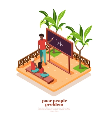 Poor african people studying at small class outdoors isometric composition 3d vector illustration