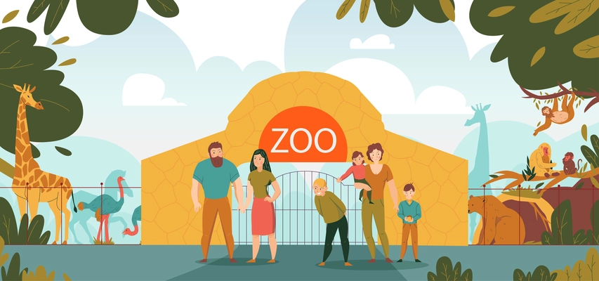 ZOO park entrance gate flat cartoon composition with ostrich giraffe behind fence visitors families vector illustration