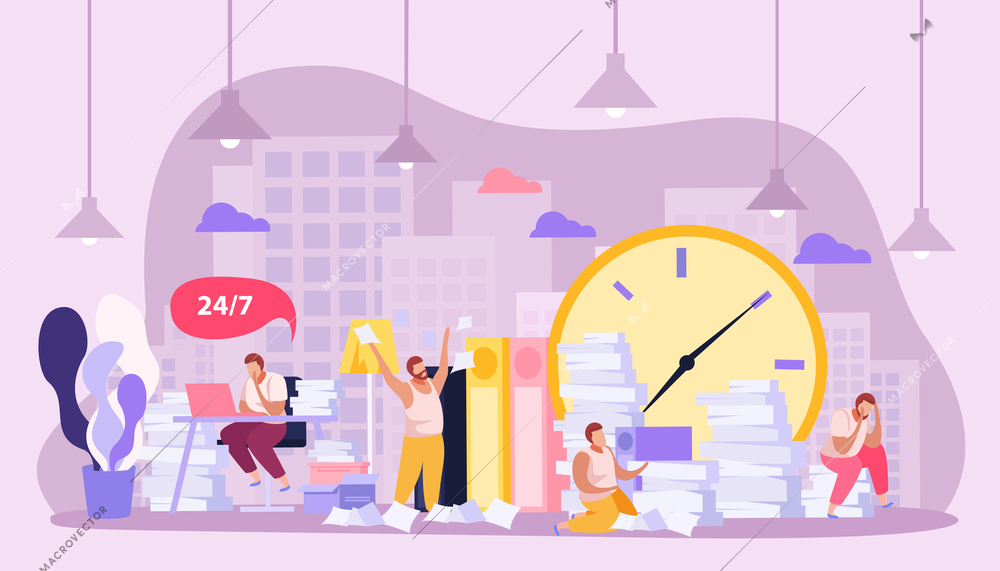 Flat composition with tired people working all day with papers vector illustration