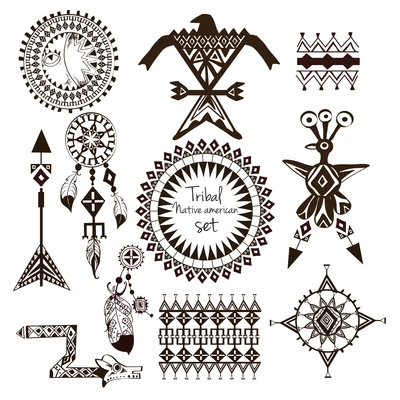 Tribal native american indian tribes ornamental black and white decorative elements set isolated vector illustration