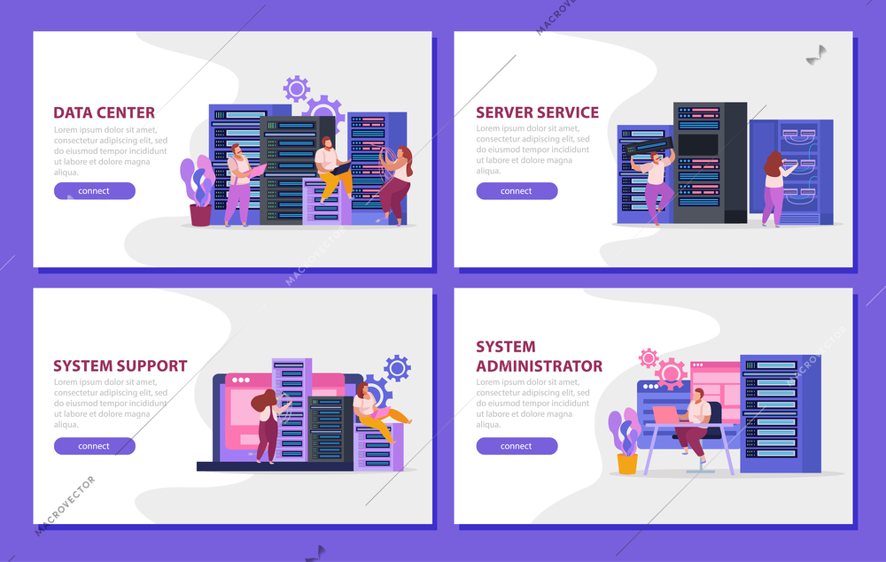 Flat 4x1 banners set with system administrators working in server room isolated vector illustration