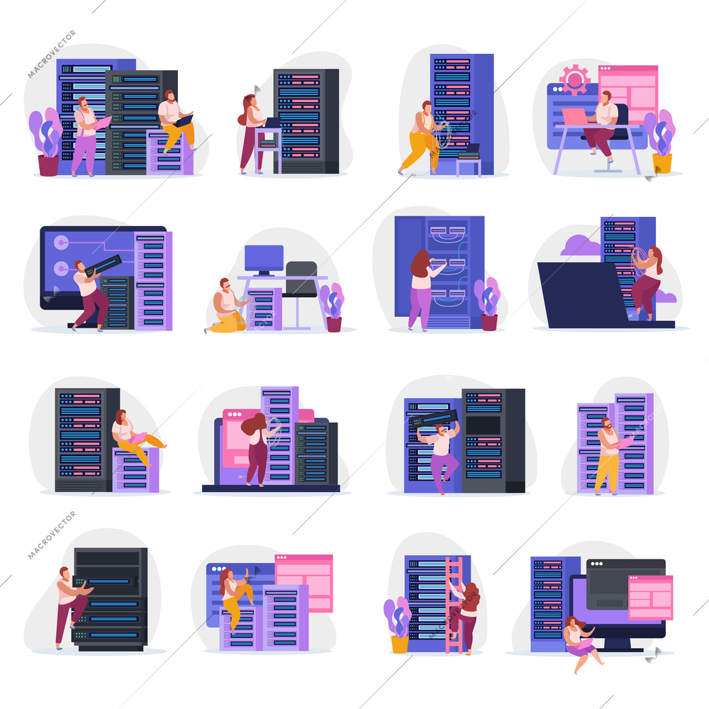 Set of flat colored icons with system administrators at work isolated on white background vector illustration