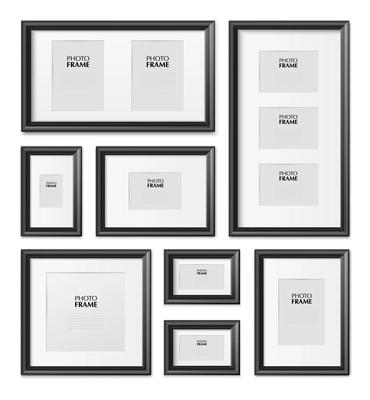 Thin black rectangular picture frames different sizes dimensions from wood metal plastic realistic mockup set vector illustration