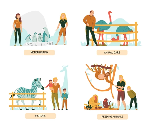 Set of 2x2 flat compositions with zoo visitors and people looking after animals isolated vector illustration