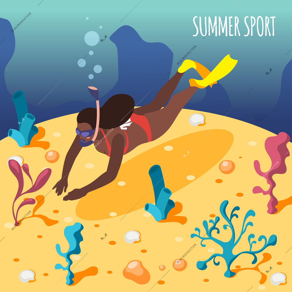 Summer sport isometric background with female scuba diver observing marine underwater life vector illustration