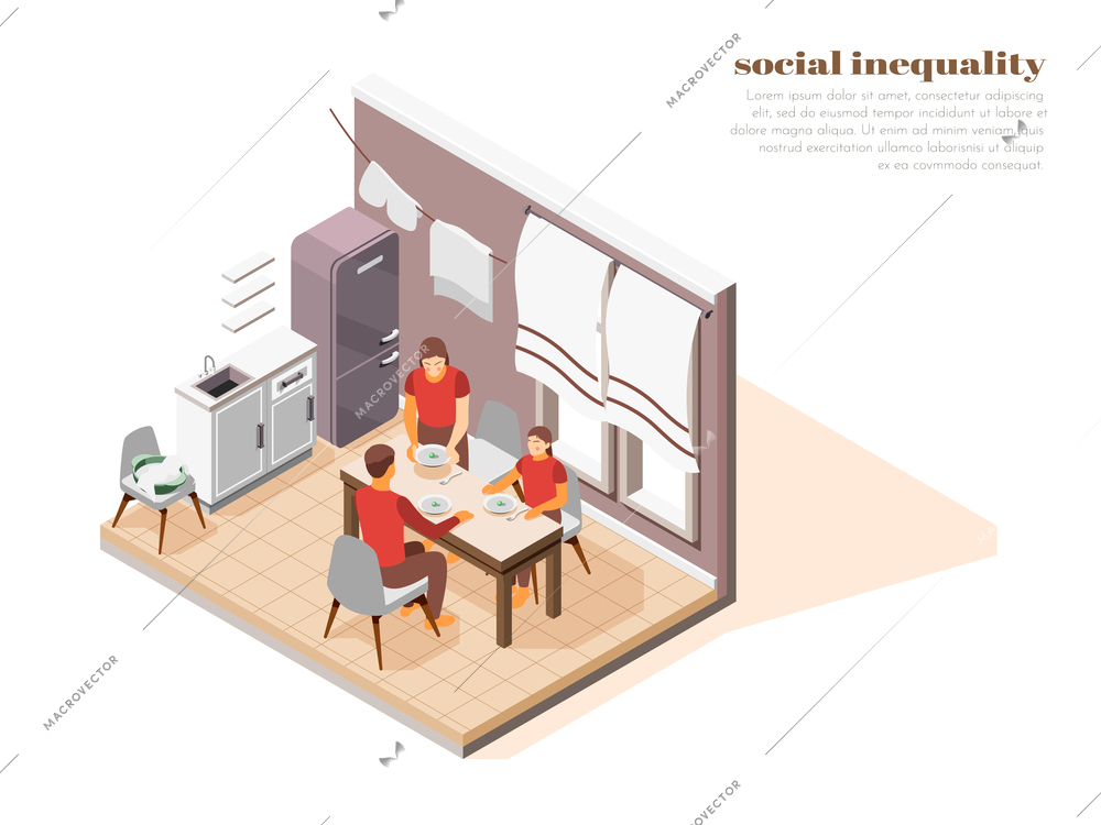 Poor hungry family eating very small dinner isometric composition 3d vector illustration