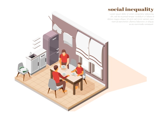 Poor hungry family eating very small dinner isometric composition 3d vector illustration