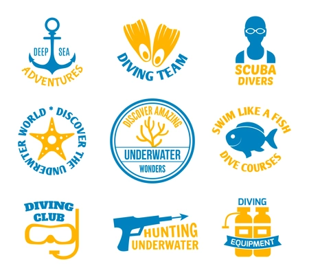 Diving deep sea adventures scuba divers seal sets set isolated vector illustration