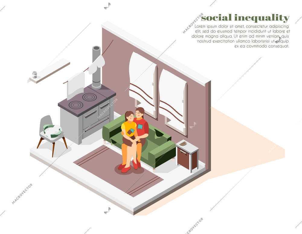 Social inequality isometric composition with poor woman and daughter in small room 3d vector illustration