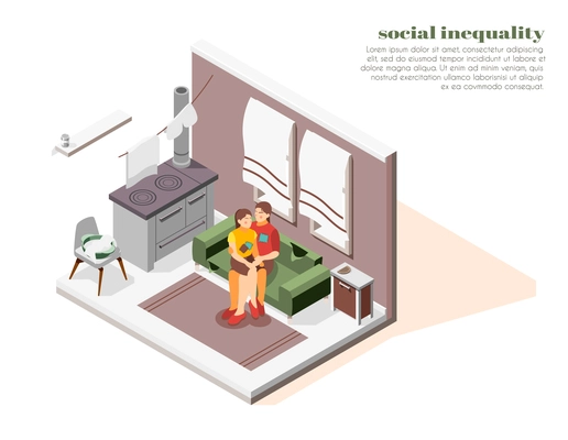 Social inequality isometric composition with poor woman and daughter in small room 3d vector illustration