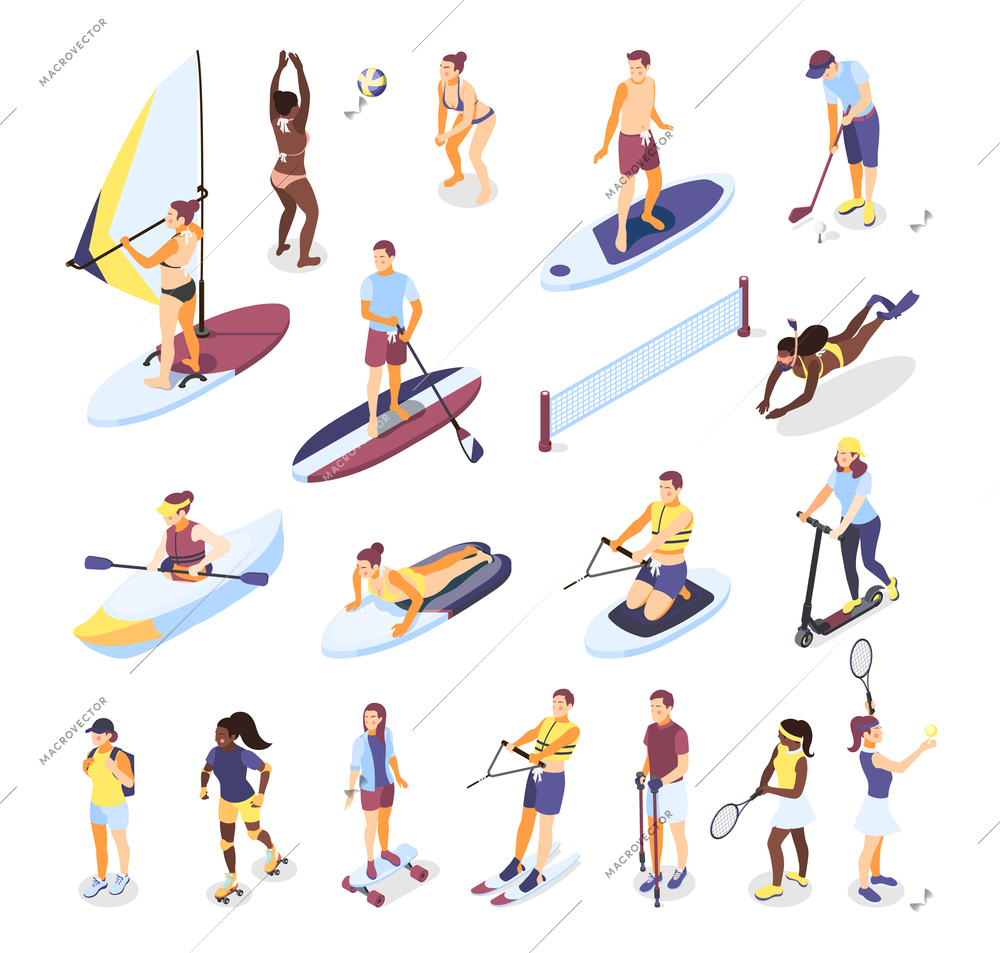 Summer sports and outdoor activities isometric icons set of people riding on surfboard  sup board kayak scooter rollers isolated vector illustration