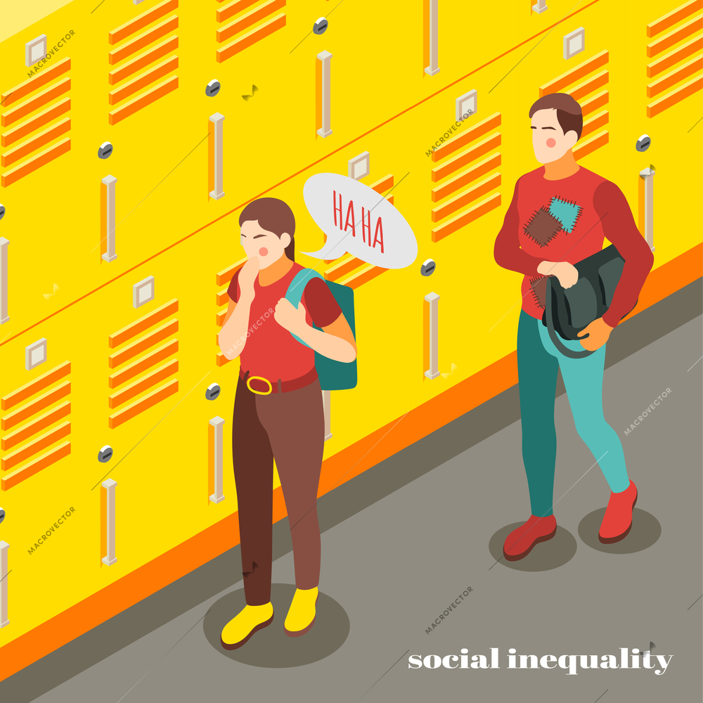 Social inequality isometric background with girl laughing at poor student 3d vector illustration