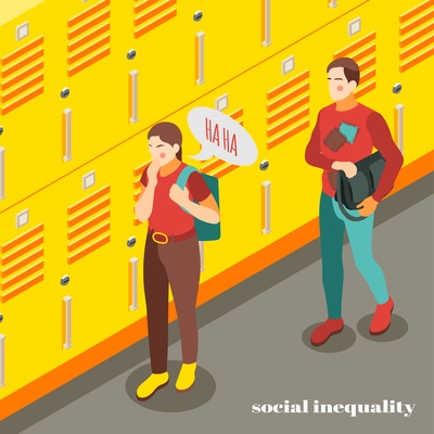 Social inequality isometric background with girl laughing at poor student 3d vector illustration