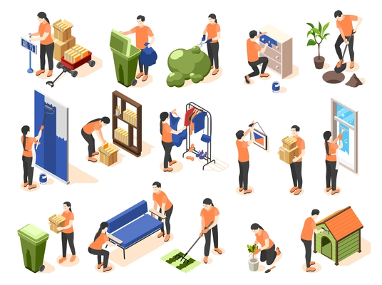 Spring renovation isometric icons set of  people taking out  trash repainting furniture bonding wallpaper on room walls isolated vector illustration