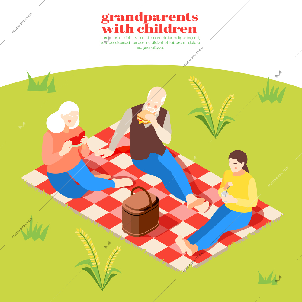 Grandparents with children isometric poster with grandmother grandfather and granddaughter at picnic vector illustration