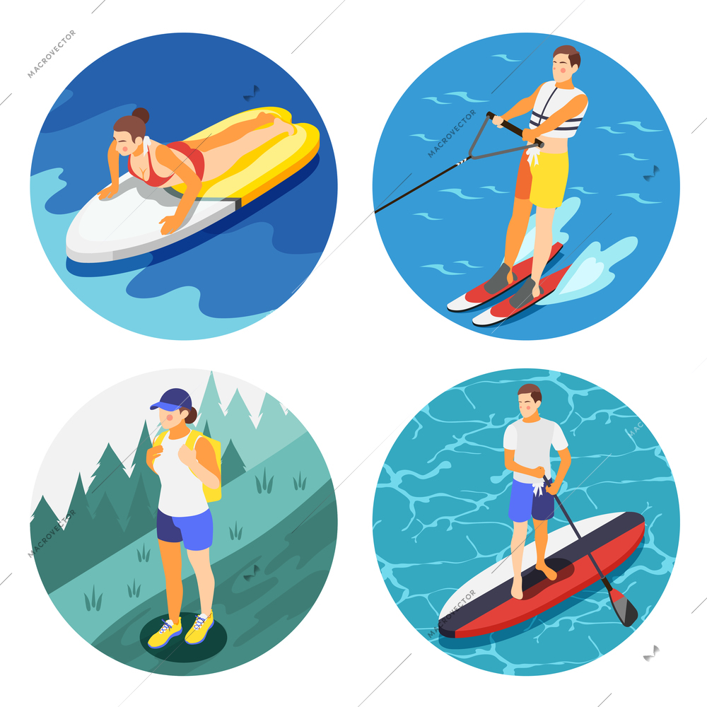 Outdoor activities 2x2 design concept with people on sup board water skiing and taking hike isometric vector illustration