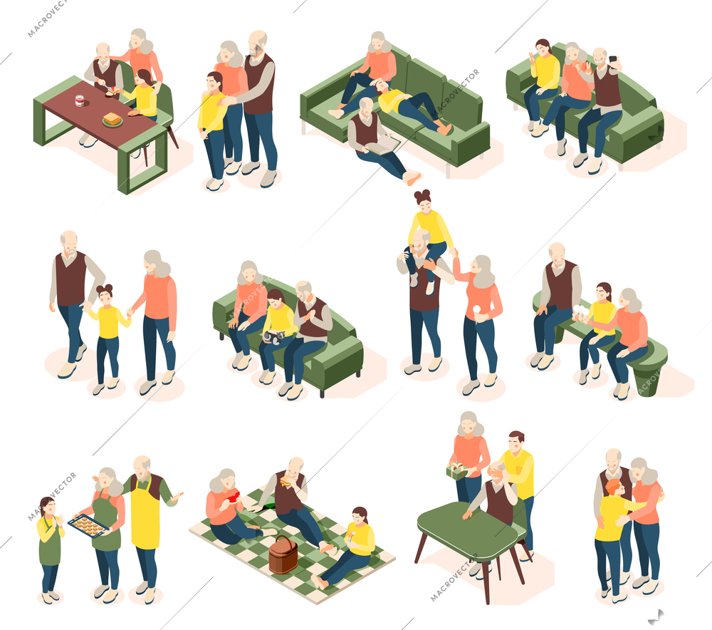 Grandparents with children isometric icons with elderly and young people communicated well with each other isolated vector illustration