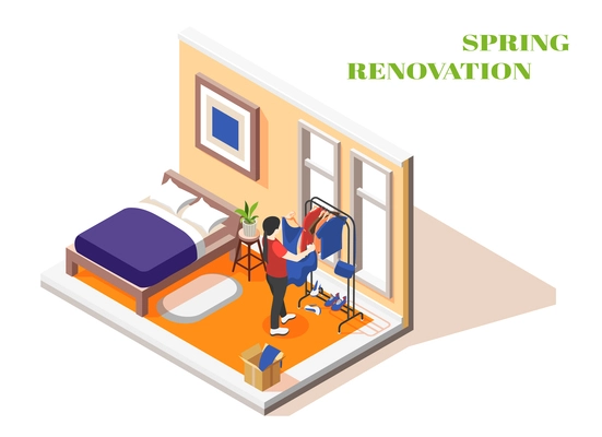 Spring renovation isometric interior with young woman sorting clothes in dressing area of her bedroom vector illustration