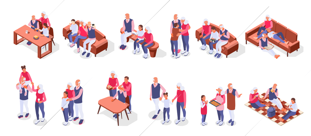 Grandparents with children color set of friendly family members spending time together isometric compositions vector illustration