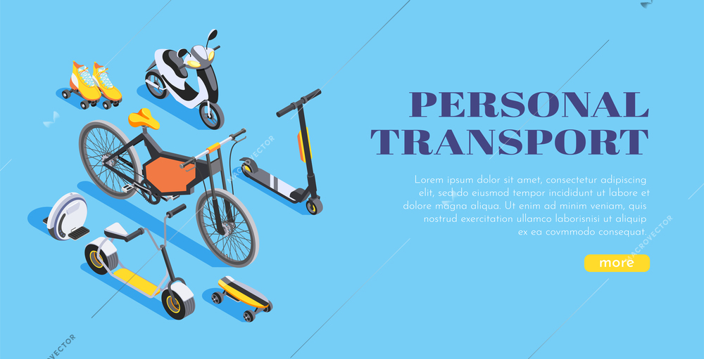 Isometric personal transport bike scooter monocycle skateboard roller skates on blue background 3d vector illustration