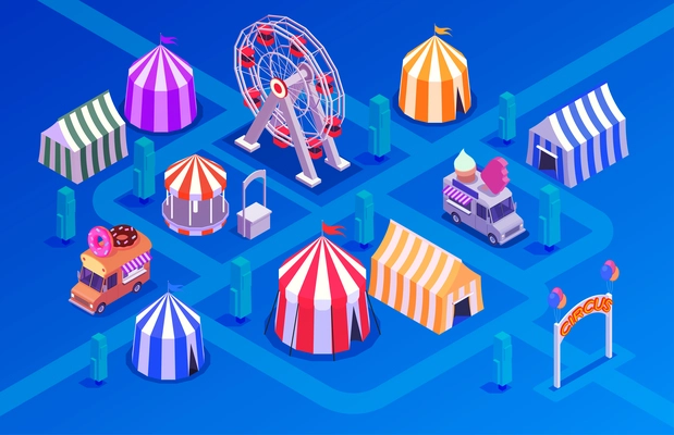 Circus performance isometric concept with amusement park symbols vector illustration