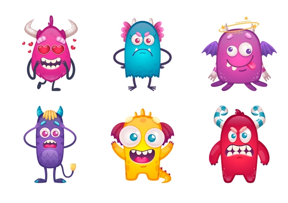 Cartoon monster emoticons set with colourful childish beast characters with different facial emotions on blank background vector illustration