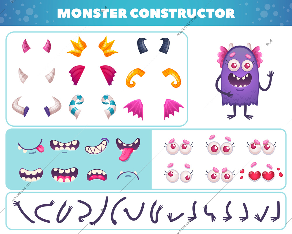 Cartoon monster emoticons set with face mask elements and constructor pieces for doodle beast character creation vector illustration