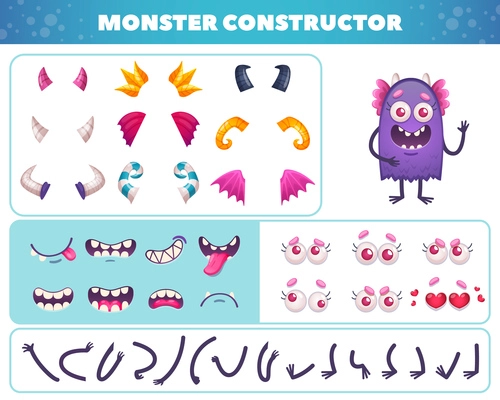 Cartoon monster emoticons set with face mask elements and constructor pieces for doodle beast character creation vector illustration