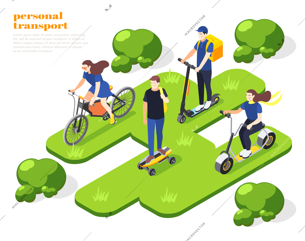 Men and women riding personal eco friendly transport in park isometric composition 3d vector illustration