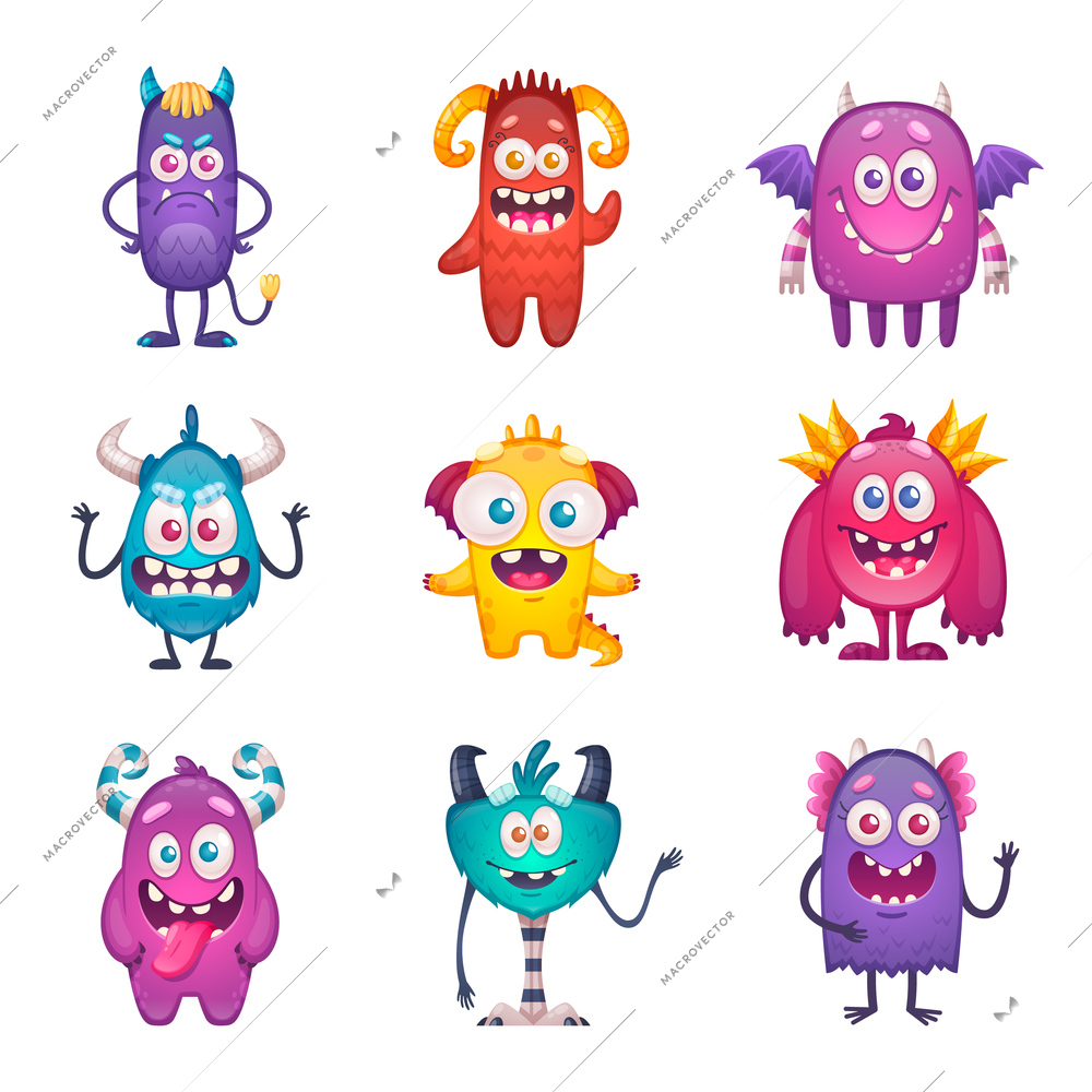 Cartoon monster set with nine isolated characters on blank background with funny doodle style emoticon beasts vector illustration